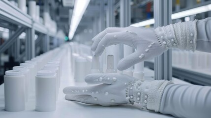 Precision Manufacturing: Close-up shot of gloved hands carefully handling pristine white containers on a modern assembly line, showcasing meticulous attention to detail in a clean.