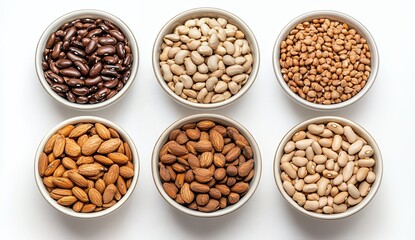 Overhead View of Six Bowls of Assorted Beans and Legumes on White