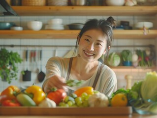Fototapeta premium A woman happily choosing fresh vegetables and fruits in a bright kitchen