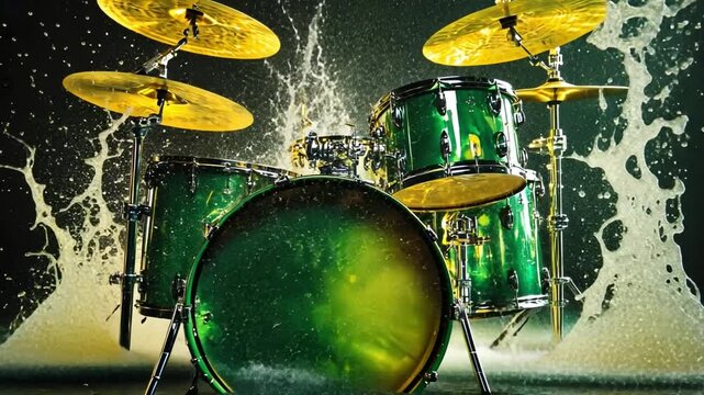 Drum Solo Splash: An explosive moment captured in a studio, a green drum set stands amidst a dramatic wave of water spray, cymbals gleaming, and the beat ready to ignite.