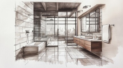 Detailed architectural rendering highlighting bathroom elements.
