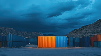 Naklejka premium A vibrant blue and orange freight container in focus, surrounded by stacks of muted containers under a dark sky