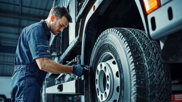 Truck Mechanic at Work: A focused mechanic meticulously works on a large truck tire, showcasing his expertise and attention to detail in a professional automotive repair setting.