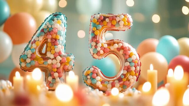 A Colorful Celebration: Festive 45th Birthday Decorations with Candles and Balloons for a Joyous Party Atmosphere