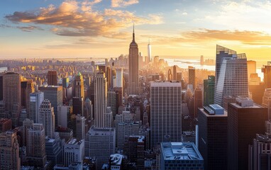 Fototapeta na wymiar Manhattan sunset cityscape aerial view, golden hour