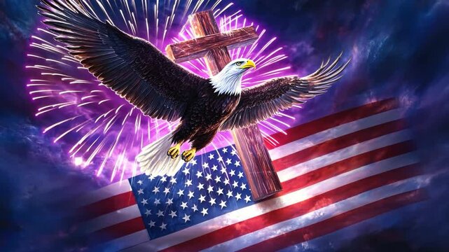 Patriotic Eagle Soaring: A majestic bald eagle soars majestically against a backdrop of vibrant fireworks exploding in the sky, a wooden cross standing tall before an unfurled American flag.