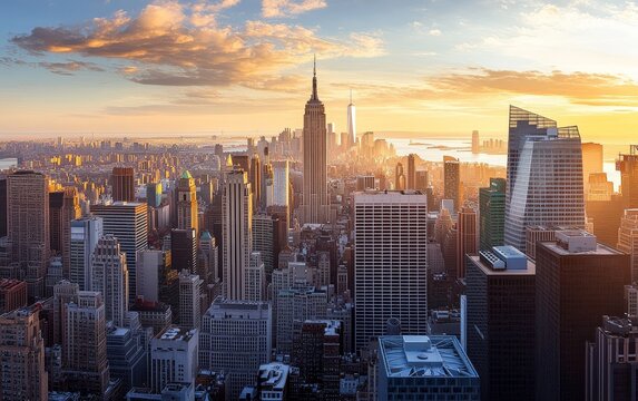Fototapeta Manhattan sunset cityscape aerial view, golden hour