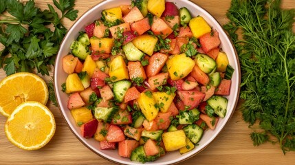 Fresh colorful fruit salad with different vegetables and herbs top view