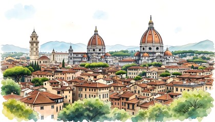 A Detailed Watercolor Painting of Florence, Italy, Showcasing the Duomo, Cityscape, and Lush Greenery
