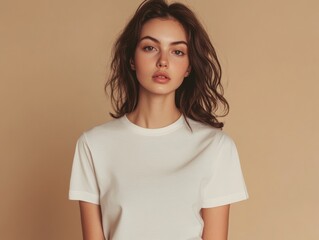Obraz premium Charming Brunette Young Woman in White T Shirt Posing for Fashionable Portrait on Beige Background