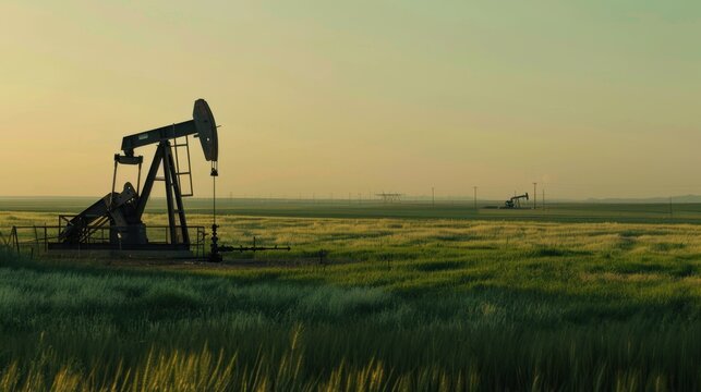 Oil Pump Jack Amidst Expansive Green Farmland at Golden Hour