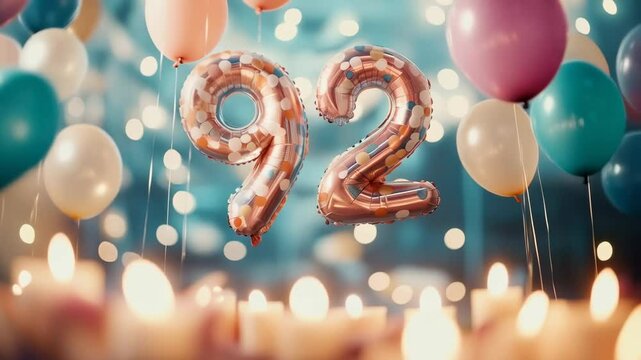 A Festive Celebration of 92 Years: Colorful Balloons and Sparkling Candles Create a Joyous Atmosphere for a Milestone Birthday Event