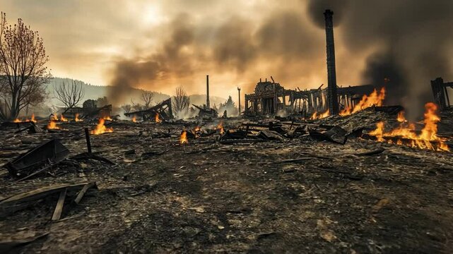 Inferno: Aftermath of a Devastating Fire: A scene of utter devastation, the remnants of buildings consumed by flames, smoke billowing into a somber sky.