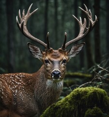 A close-up portrait of a swamp deer with large, expressive eyes and antlers covered in moss.