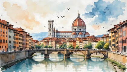 Stunning Watercolor Painting of Florence, Italy, Featuring the Basilica di Santa Maria del Fiore and Ponte Santa Trinita
