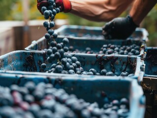Blueberries being collected in containers under natural daylight