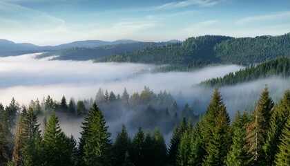 Fototapeta premium Morning mist over lake. Beautiful view ofer a foggy forest from hill 