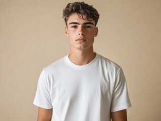 Obraz premium Handsome Young Man Posing Confidently in Casual White T Shirt Portrait Against a Beige Background