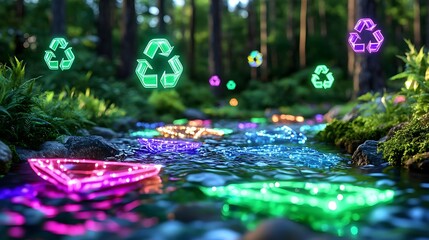 glowing recycle symbols in forest stream - sustainability