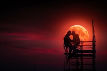 Naklejka premium Blood Moon Construction: Two silhouetted figures sit atop a scaffolding, their conversation framed by a dramatic blood moon.