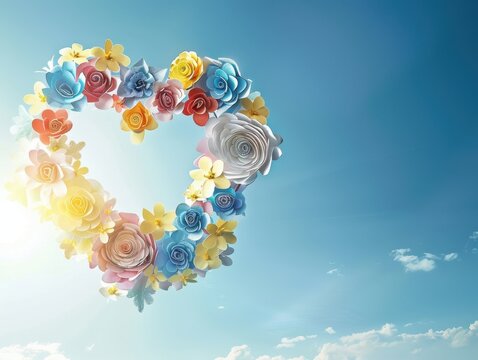Heart-Shaped Paper Flower Composition Symbolizing Love and Gratitude Against a Bright Sky