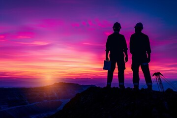 Silhouettes of Success: Two construction workers stand on a mountaintop at sunrise, their silhouettes outlined against a breathtaking sky, a testament to their dedication and hard work.  