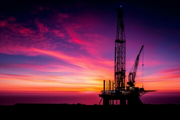 Obraz premium Oil Rig Silhouette at Sunset: A towering oil rig stands silhouetted against a dramatic sunset sky, its silhouette a powerful symbol of the energy industry and its impact on the world. 