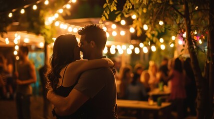 Obraz premium Couple Joyfully Embracing at a Lively Social Gathering