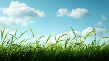 Fototapeta premium Green Grass Field Under Blue Sky with Clouds