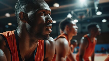 Focused basketball player collaborating with teammates on the court