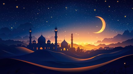 Serene Twilight Landscape with Mosque Silhouette and Starry Sky
