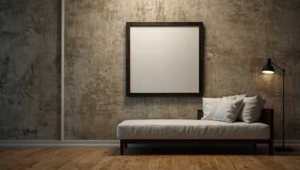 A blank canvas in a sleek frame, mounted on a textured wall, ready for mockups