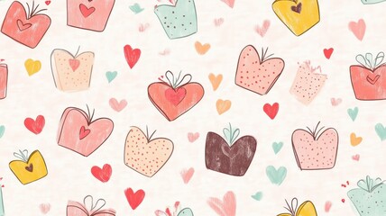 Sweet valentine chocolate sparkle seamless pattern. A whimsical pattern featuring colorful hearts and gift boxes on a light background, perfect for celebrations or romantic themes.