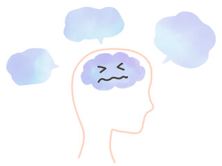 脳疲労や頭痛：疲れた状態の水色の脳と吹き出し
