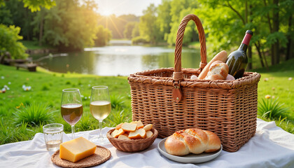 A peaceful lakeside picnic with basket, glasses, and food under the warm sun, symbolizing summer relaxation, nature enjoyment, and romantic outdoor meals

