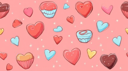 Sweet valentine chocolate sparkle seamless pattern. A playful illustration featuring colorful hearts and cupcakes on a pink background, perfect for a festive or romantic theme.