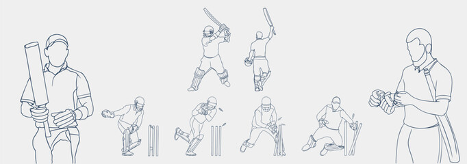 Dynamic Cricket Sport, One Line Drawing of Cricketer in Action. Wicket keeper batsman line drawing illustration. hand drawn continuous one line cartoon doodle sketch drawing clip art of cricketer.