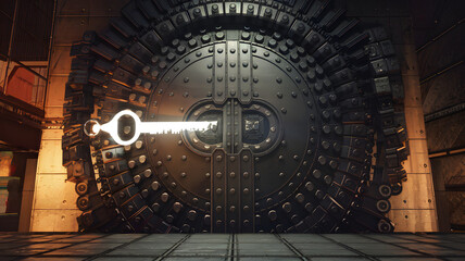 Obraz premium A glowing key unlocking a massive steel door.
