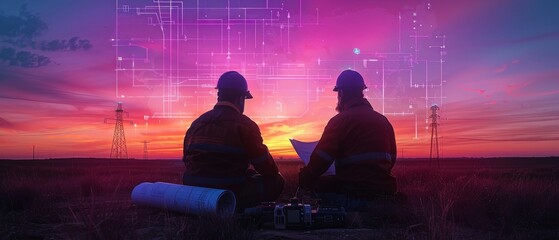 Engineers Planning Future: Two engineers, silhouetted against a vibrant sunset, review blueprints amidst a futuristic digital overlay.
