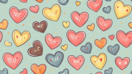 Sweet valentine chocolate sparkle seamless pattern. A whimsical pattern of colorful hearts against a soft teal background, conveying love and warmth.