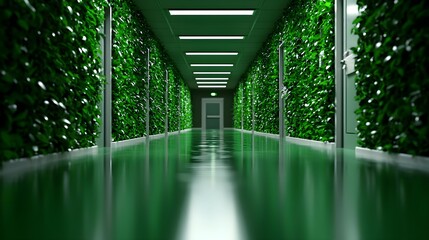 Green Hallway with Lush Vertical Walls and Reflective Floor