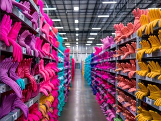 Obraz premium Rainbow of Gloves: A mesmerizing view of countless pairs of colorful work gloves neatly stacked on shelves in a large retail warehouse, showcasing a vibrant spectrum of hues.