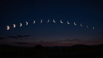 A series of moon phases shown across a dark blue sky, symbolizing time passage, lunar cycles, celestial movement, and natural rhythm of space
