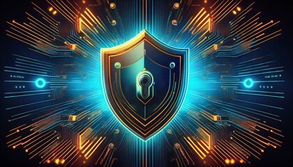 Fototapeta premium Shield blue energy. Digital IT security shield.