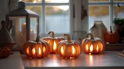 Obraz premium Glowing Pumpkins on a White Table with Natural Light and Window View