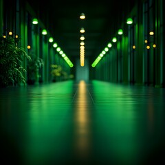 Fototapeta premium Green Illuminated Corridor at Night