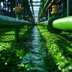 Green Industrial Pipes and Lush Greenery