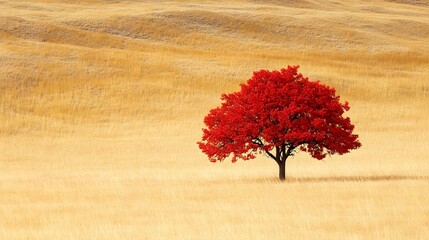 A lone tree with bright red leaves standing in a gold landscape