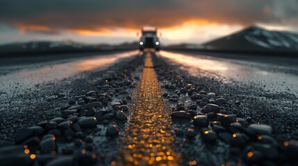 Obraz premium Lonely Road Ahead: A lone vehicle journeys down a wet asphalt road at sunset, the fiery colors of the sky reflecting on the puddles and small rocks along the road's center line.