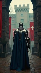 Naklejka premium Medieval knight in armor walking through fortress gate with red banners